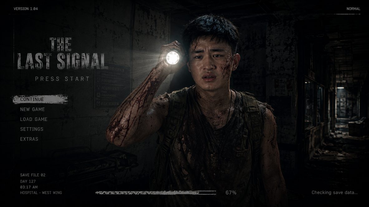 A AAA survival horror game loading screen showing the creator holding a flashlight, with a game menu on the left.
