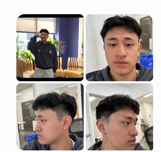 A reference set: one action shot of the creator plus three photos of his face from different angles.
