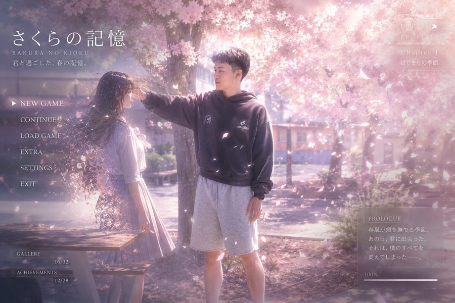 The same pose rendered as a Japanese romance visual novel loading screen in a cherry blossom park.