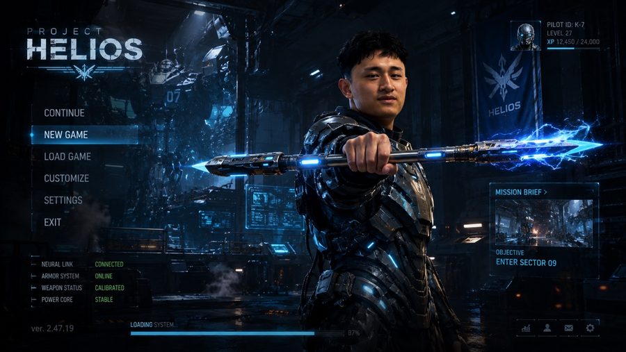 The same pose rendered as a sci-fi game loading screen with an exosuit and glowing energy spear.